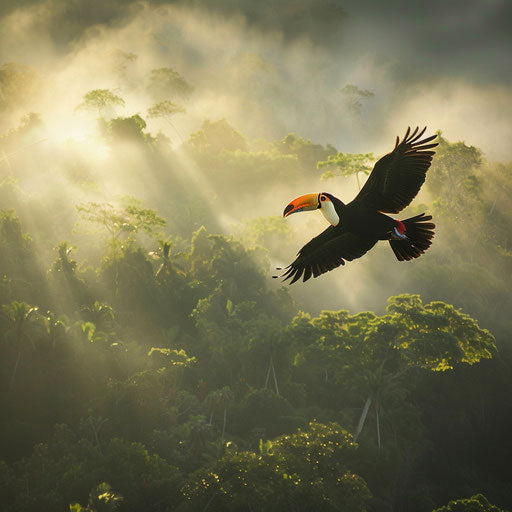 Toucan flying over misty rainforest at dawn
