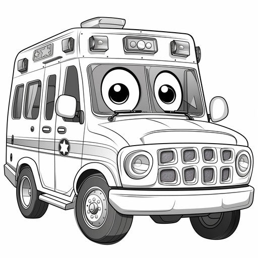 Whimsical cartoon ambulance with a smiling face