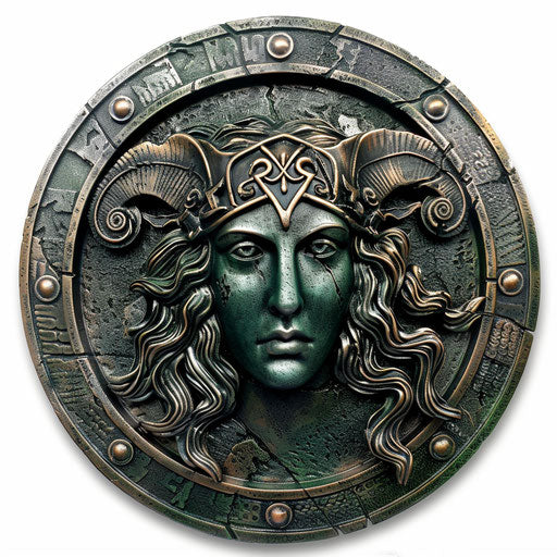 Spartan shield with Medusa head, 3D effect in green and black on white