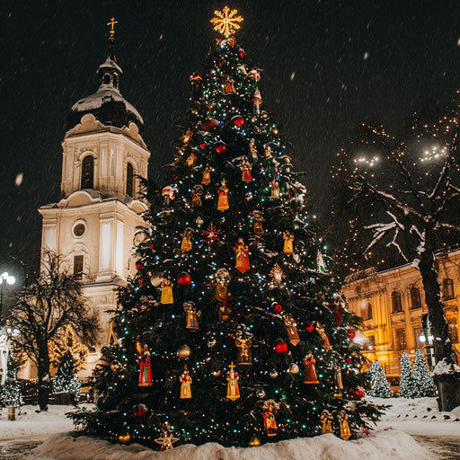 Outdoor Christmas tree with handmade religious ornaments at cathedral