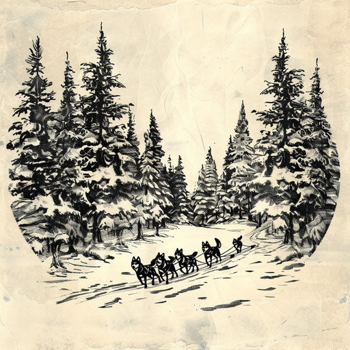 Vintage sketch of a husky sled team in a snowy forest