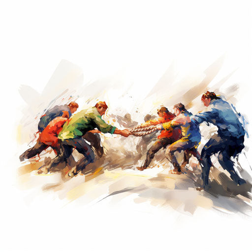 Impressionistic Art depiction of a tug of war scene on white background