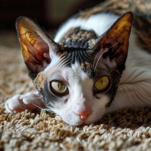 Cornish rex cat laying on a carpet