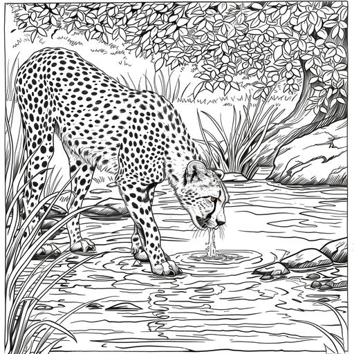 A detailed illustration of a cheetah drinking water from a river