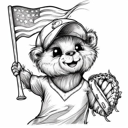 Cheerful baseball team mascot with a flag