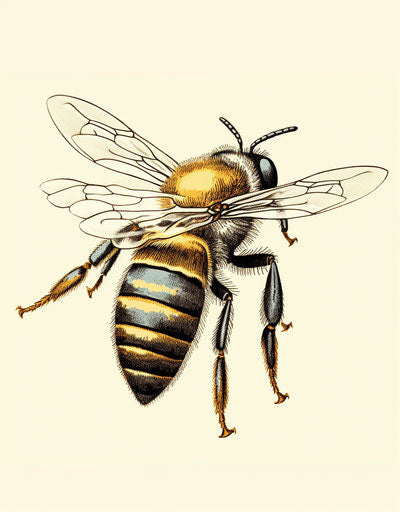 Drawing of a bee in the style of woodcut-inspired graphics, clean and sharp inking, hand-drawn animation, 17th century, mottled 59:76