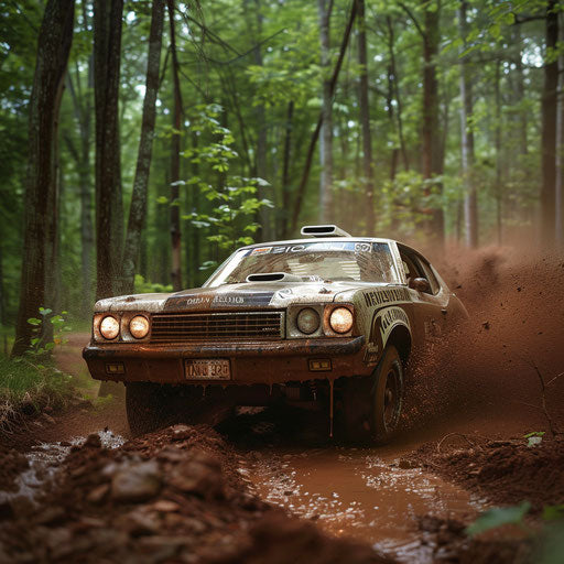1976 Malibu Classic as a rally car, covered in mud, racing through a rugged forest trail