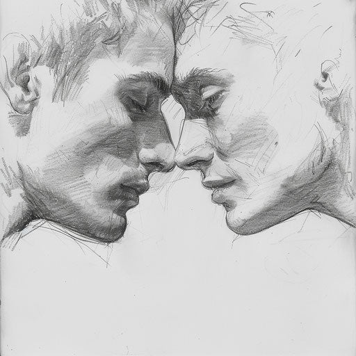 Sketch of two lovers with foreheads touching