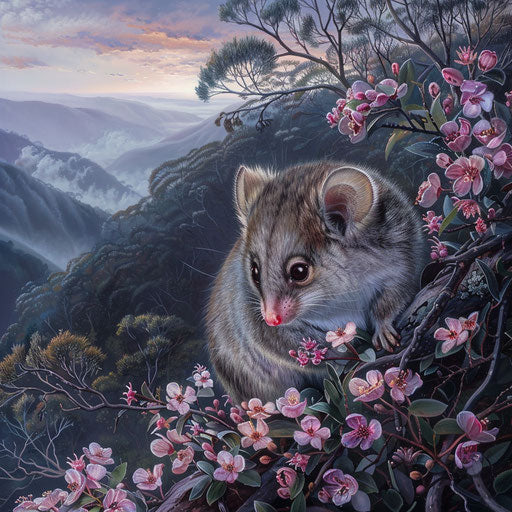 A mountain pygmy possum in a flowering shrub at dawn