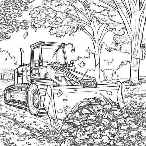Bulldozer pushing pile autumn leaves park. Coloring page
