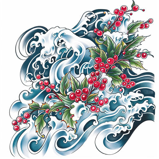 Japanese style tattoo of holly with waves and clouds