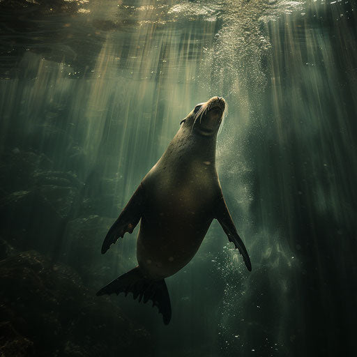 Sea lion diving underwater, dynamic action shot