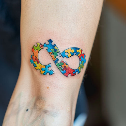 Infinity symbol and colorful puzzle pieces on white background