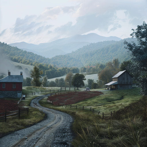 Appalachian Mountains with houses and gravel road