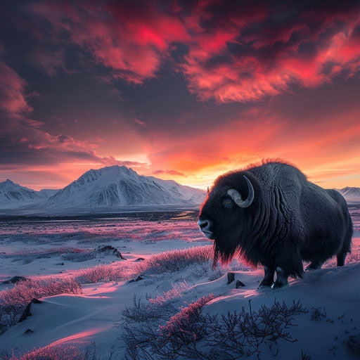 Musk ox in a dramatic arctic landscape with bold lighting