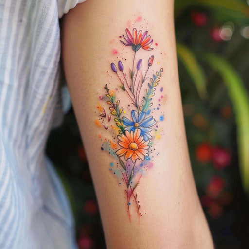 Watercolor wildflower tattoo, splashes of color, flowing design, ethereal