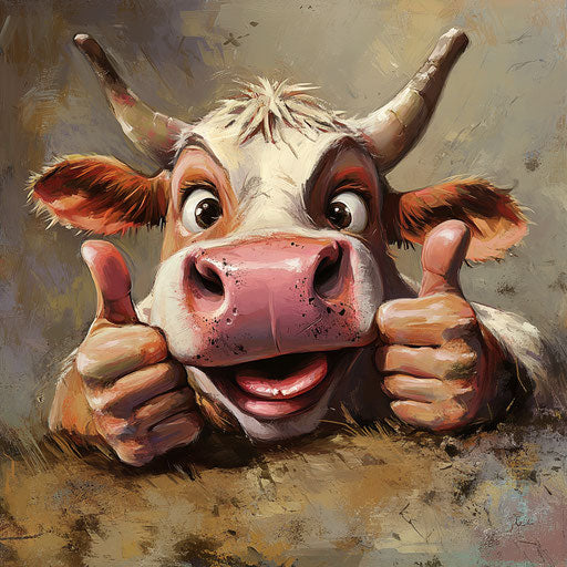 Humorous caricature of a cow head with human characteristics