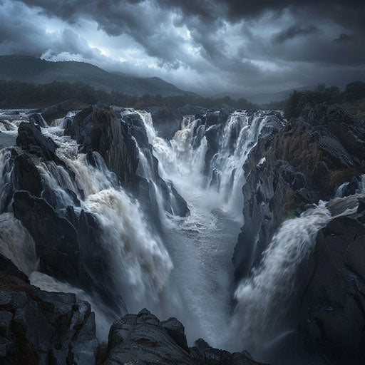 Hogenakkal Falls with moody atmosphere and powerful flow