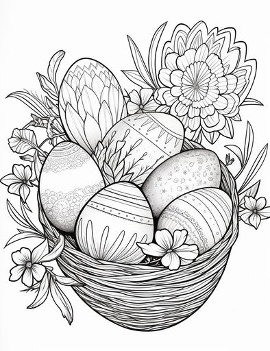 Easter Basket Coloring Page with Easter Eggs, Ornate and Simple Style