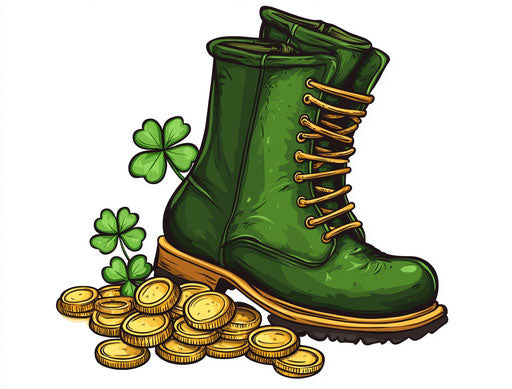 Clover leaves and gold coins in a green boot