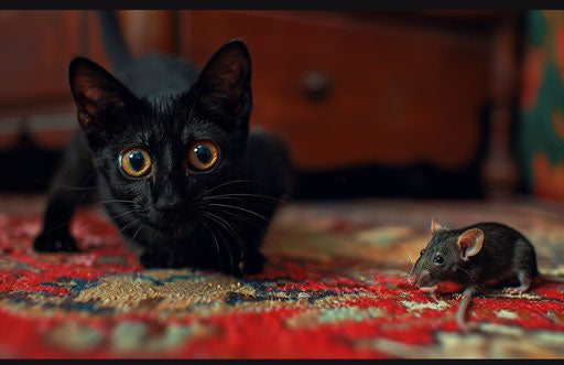 Black cat with a mouse playfully, exaggerated facial features