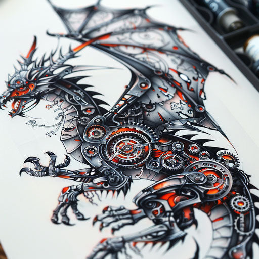 Detailed mechanical dragon tattoo design with gears and metal plates