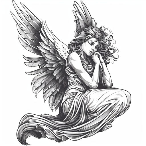 Elegant guardian angel in protective pose with intricate wing details