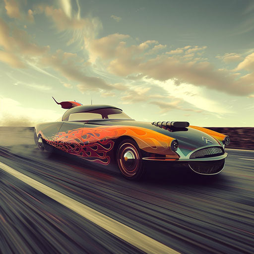 Futuristic DS 20 hotrod with flames on the highway