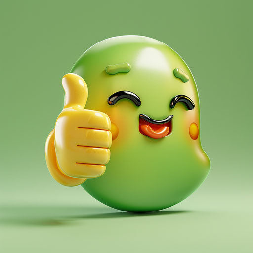 Emoticon with thumbs up in the style of Patrick Woodroffe, green and amber, cute and quirky