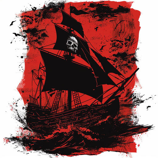 Dynamic tattoo sketch of the Jolly Roger waving on a flag with a ship in the background