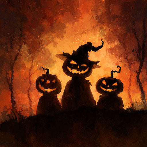 Spooky Trio of Silhouetted Halloween Jack-o'-lanterns