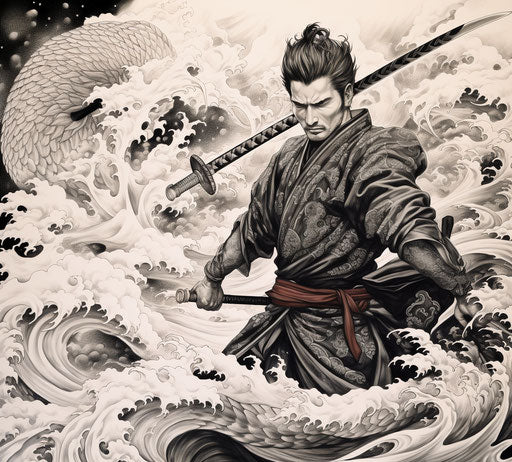 Black and white drawing of a Japanese aikido swordsman