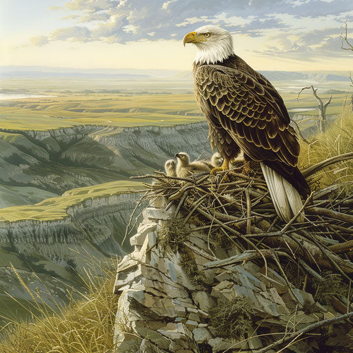 American eagle nesting on a cliff overlooking the Great Plains