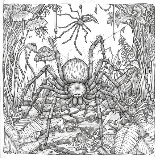 Black widow spider in a magical forest with enchanted elements
