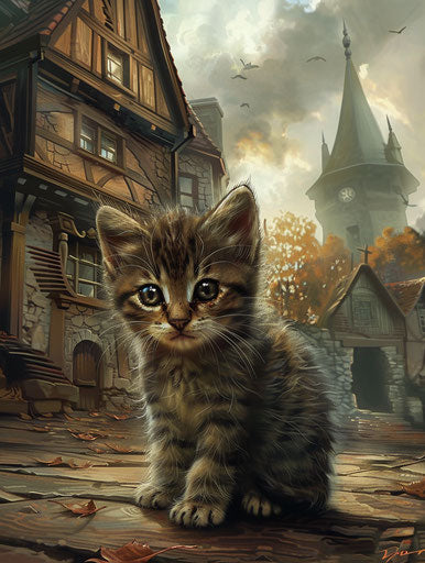 Female kitten in front of a large house, emphasis on facial expression, dark brown and gray, dappled, solapunk, warmcore, striped, wiccan 3:4