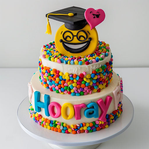 Emoji Cake with 'Hooray' Text in Pink and Playful Smileys