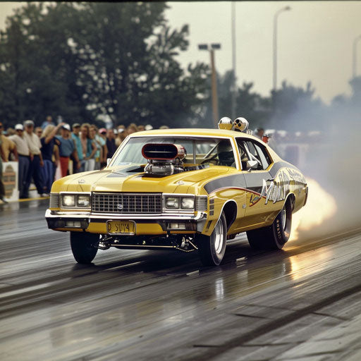 Supercharged dragster with extended rear tires at starting line