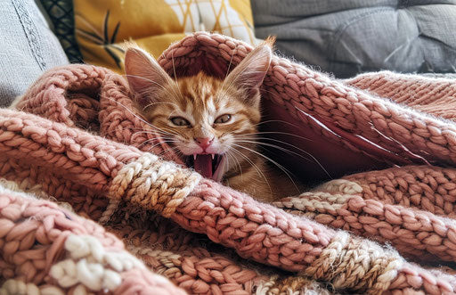 Kitten hiding in blanket, mouth wide open