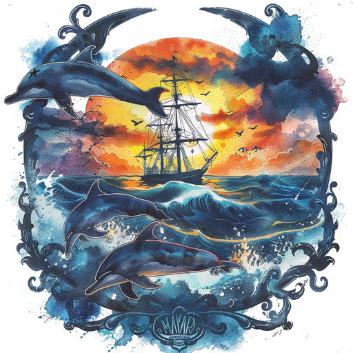 Navy tattoo with oceanic sunset and dolphins