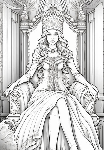Adult coloring page of a princess sitting on a throne