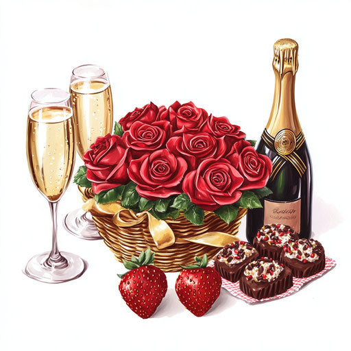 Romantic celebration with red roses, champagne, and chocolates