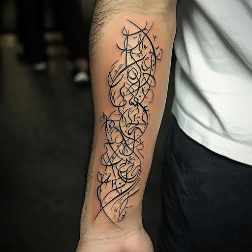 Arabic tattoo with intricate calligraphy on the forearm
