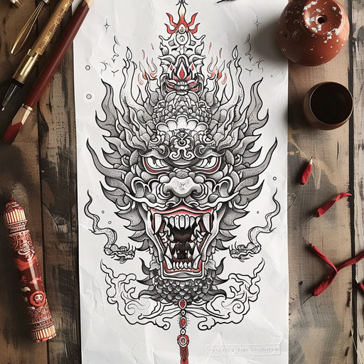 Exotic flat tattoo sketch of hell adorned with mythical Eastern creatures and fiery motifs