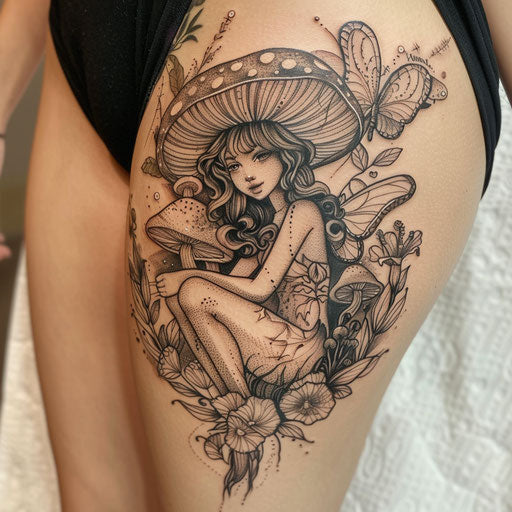 Fairy and mushroom thigh tattoo