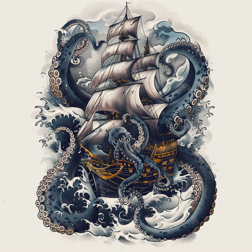 Nautical tattoo: octopus entwined with a ship