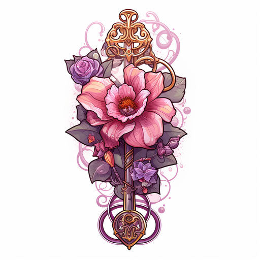 Pink flower with anchor and spirals, cosmic symbolism style