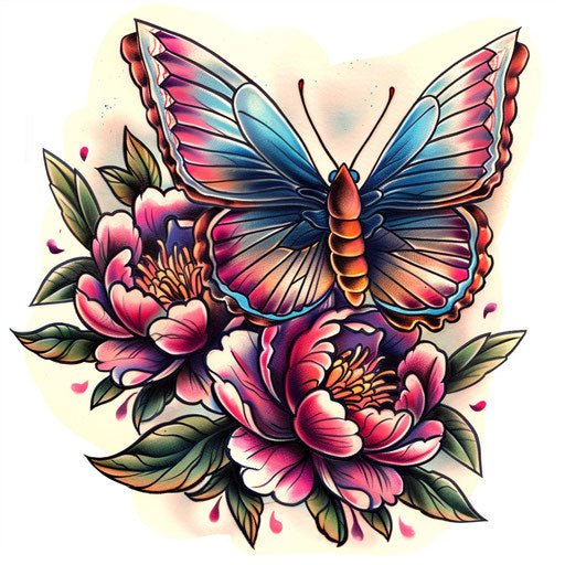 Neo-traditional butterfly and peony flowers, vibrant colors