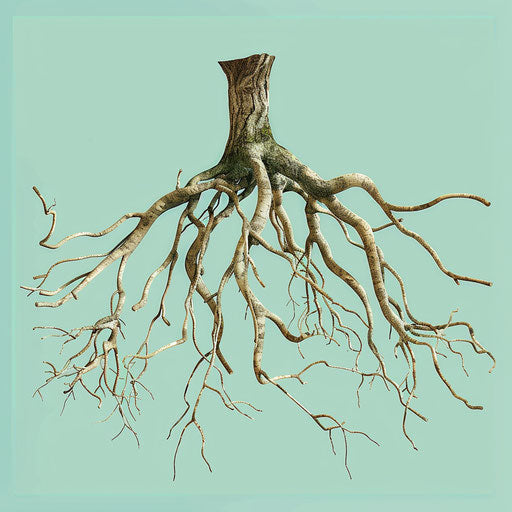 Photo-realistic roots clipart on a flat aqua background