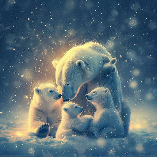 Polar bear family playing in the snow with snowflakes