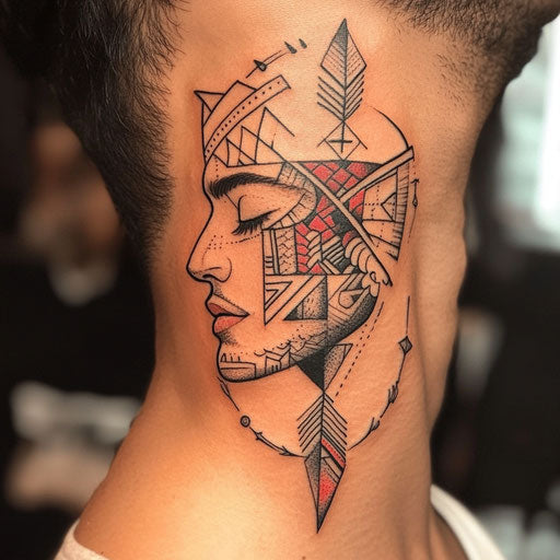 Men's facial tattoos with a bold arrow design